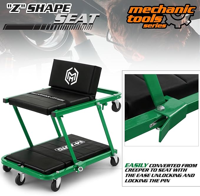 M-AUTO Heavy-Duty Convertible Mechanic Creeper, 48" Padded Adjustable Headrest Roller Garage Chair with 7 Swivel Casters for Washing, Detailing, Maintenance, Green
