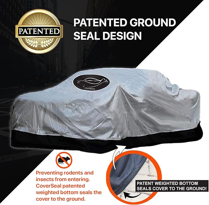 Heavy Duty Truck Cover — Wind & Weather Resistant Patented Weighted Ground Conforming Apron Seal, 360° Ground Seal for Car Protection, Long Bed Truck Protector | 260" L x 85" W x 85"