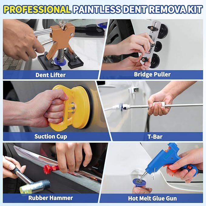 128pcs Dent Puller Kit, Car Dent Puller for Dent Removal, Slide Hammer 2 in 1 T-Bar, Bridge Dent Puller, Adjustable Dent Lifter, Dent Remover Tool for Car Refrigerator Door Ding Repair