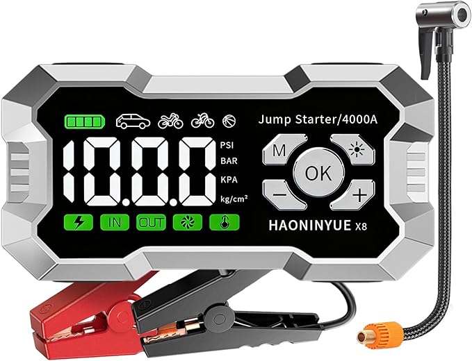 Car Jump Starter with Air Compressor,4000A Car Battery Jump Starter,150PSI Portable Tire Inflator,12V Jump Box Battery Pack (8L Gas 6L Diesel Engine) Car Battery Charger,LED Light,and Jumper Cables