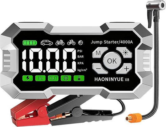 Car Jump Starter with Air Compressor,4000A Car Battery Jump Starter,150PSI Portable Tire Inflator,12V Jump Box Battery Pack (8L Gas 6L Diesel Engine) Car Battery Charger,LED Light,and Jumper Cables