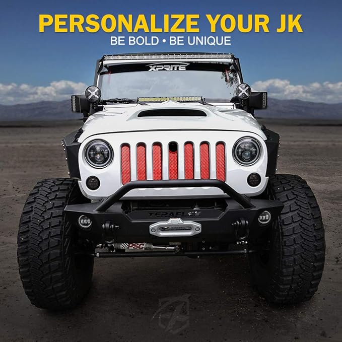 Xprite Red Aluminum Alloy Mesh Grill Insert with Hood Lock Hole Compatible with 2007-2018 Jeep Wrangler JK JKU Stock Grille
