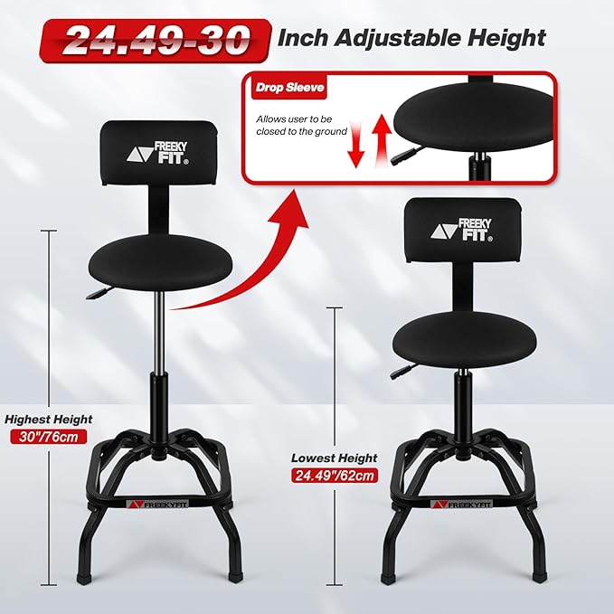 Shop Stool with Backrest, Mechanic Garage Stool for Workshop, Adjustable Shop Stools Chair, Padded Workbench Stools for Men Women, 300 LBS Capacity, 360° Swivel PVC Seat, Heavy Duty, Black