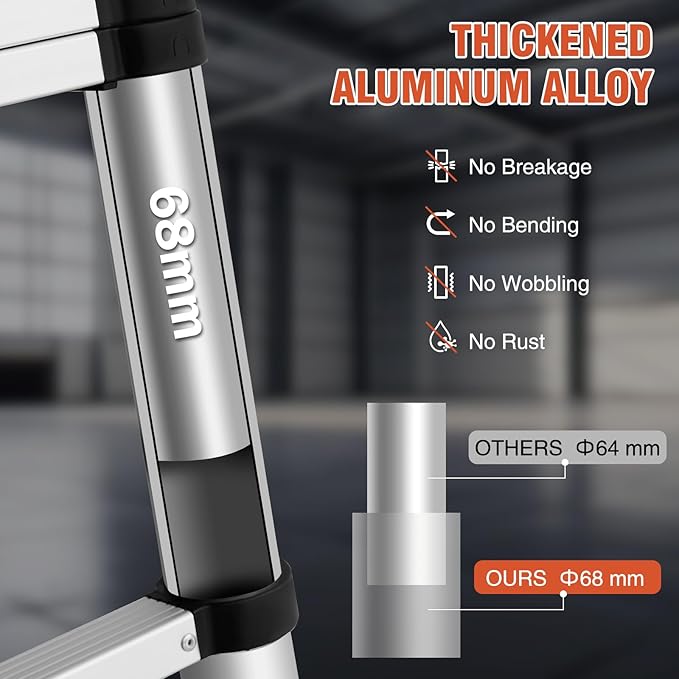 10.5 FT Aluminum Telescoping Ladder, One Button Retraction Extension Ladder, 375 lbs Load Capacity with Non-Slip Wide Feet, Compact Portable for Indoor Outdoor Use, RV, Attic and Roof Use