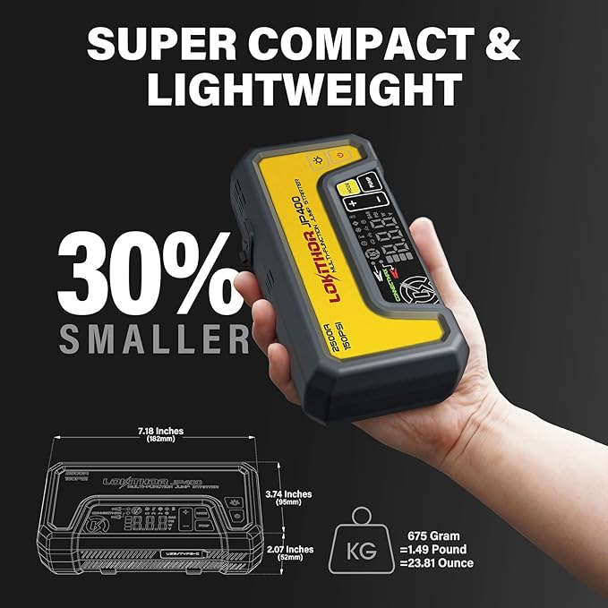 LOKITHOR JP400 Jump Starter with Air Compressor, 2500A 12V Portable Car Battery Booster Pack (8.5L Gas/6.5L Diesel) with ConnectMax Tech, 150PSI Tire Inflator, Auto-Shutoff & Dynamic Dwell (Yellow)