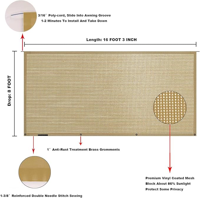 Tentproinc RV Awning Sun Shade Screen 8' X 16' 3'' (Fit for 17' Awning) Mesh Sunshade UV Blocker Screenshade for Motorhome Camping Trailer Awning Shadescreen Sunscreen - 3 Year Warranty (Beige)