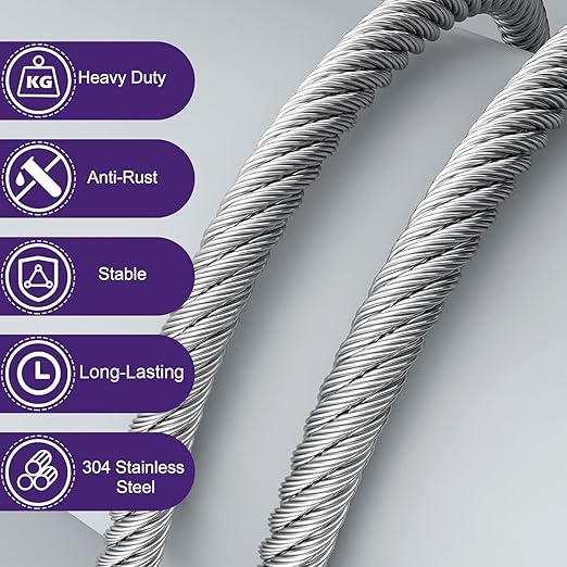 1/4" Stainless Steel Cable, 400 ft, 7X 19 Strands Wire Rope, 6400lbs Breaking Strength, Steel Aircraft Cable for Yard Zipline, Deck Railing, Boat Lifts, Dog Run, Straightening Trees
