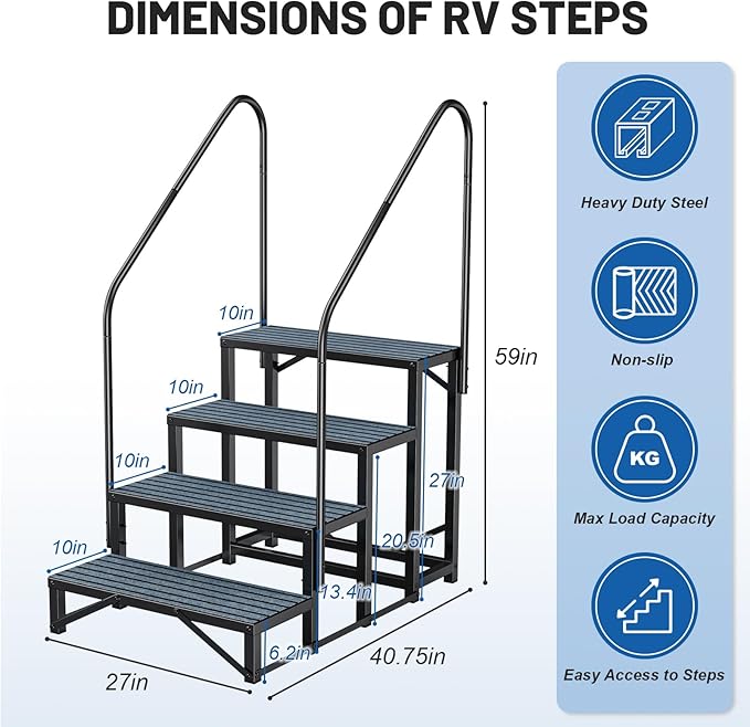 RV Steps Spa Steps with Handrail -4 Step Hot Tub Steps Trailer Steps Mobile Home Stairs for 5th Wheel RV, Trailer, Hot Tub, Pool, Porch with Non-Slip Mats