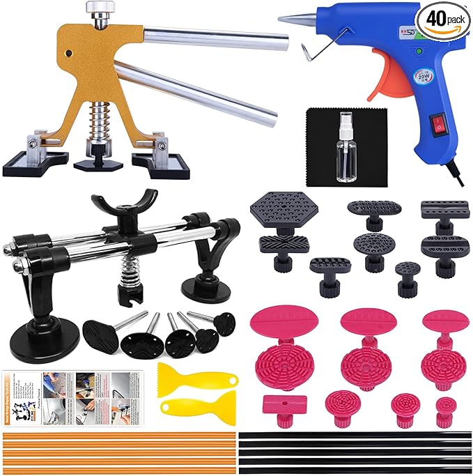 Car Dent Puller - Dent Repair Kit with Golden Lifter, Dent Removal Kit Double Pole Bridge Dent Puller for Auto Dent Removal, Door Dings and Car Hail Damage 40PCS (with Glue Set)