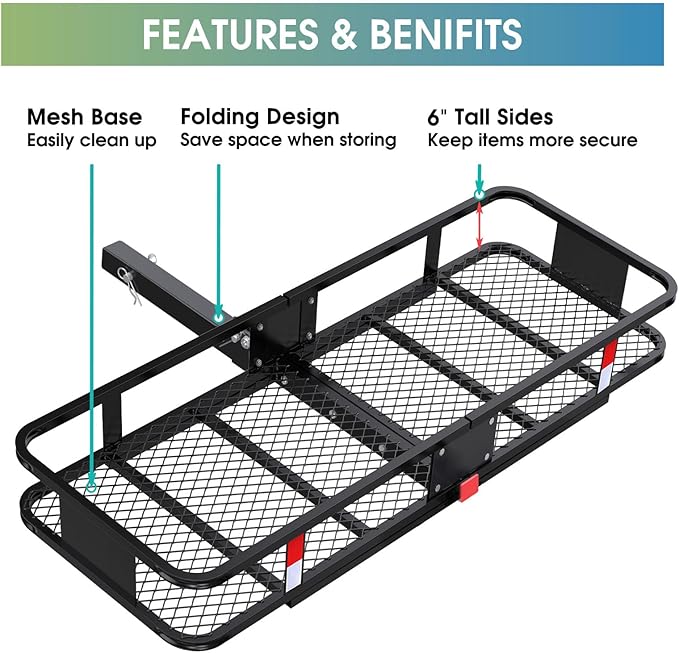 FORWODE 550 LBS Hitch Mount Cargo Carrier Basket, 60"x24"x6" Folding Hitch Cargo Carrier Rack for 2 Inch Receiver, Car Rack Rear Luggage Basket for Car SUV Traveling