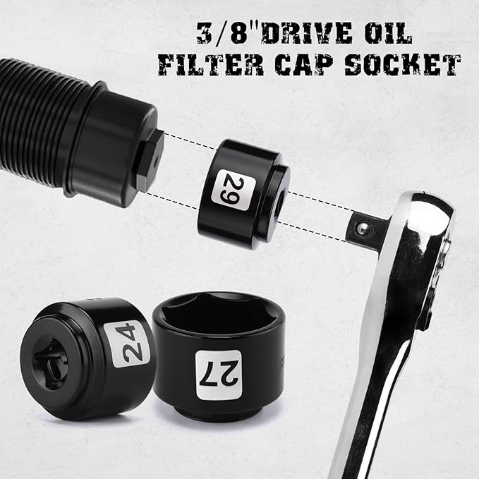 Mayouko 8 Pieces 3/8" Drive Low Profile Oil Filter Cap Wrench Socket Set, 24mm, 27mm,28mm,29mm,30mm,32mm,36mm,38mm,CR-V, Oil Filter Cap Remove and Install Tool Kit