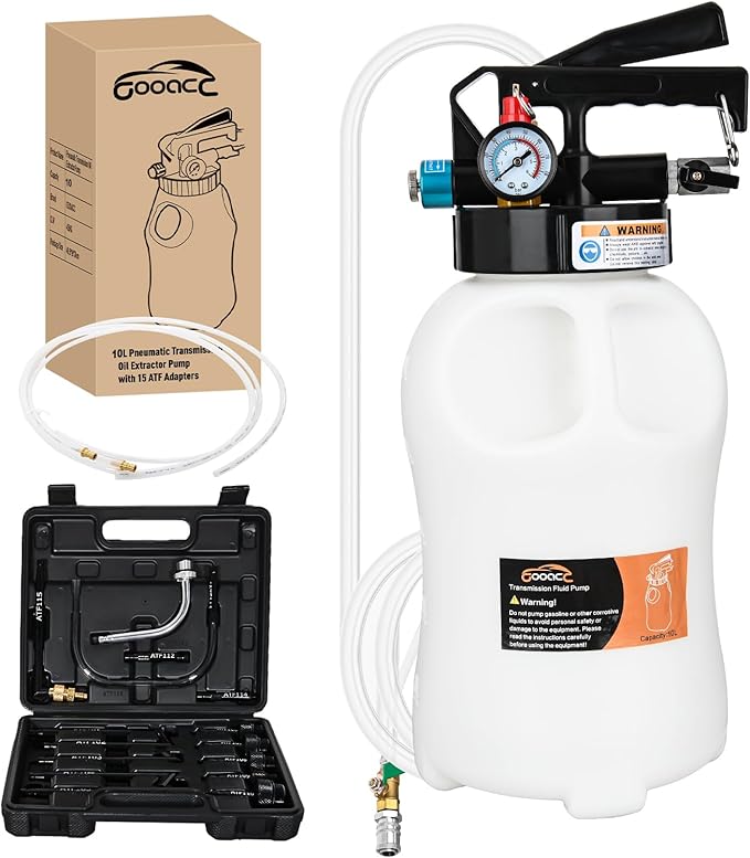 GOOACC Transmission Fluid Pump Kit 10L Automotive Pneumatic Oil Fluid Extractor ATF Refill Dispenser Transfer Pump with 15 ATF Filler Adapters 2.6 Gal 2 Way Vacuum Fluid Evacuator Oil Change Tool Set
