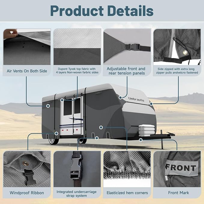 Umbrauto Travel Trailer RV Cover 30-33ft, Waterproof & Ripstop Camper Cover with 4-Layer Sides, Sun and Snow Protection, Extra Windproof Ropes, Fits Toy Hauler