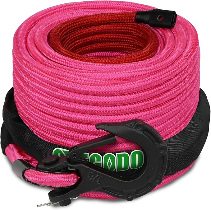 Synthetic Winch Rope, 3/8'' x 85ft 25,000LBS Double Braided Synthetic Winch Line 3/8 Winch Cable Replacement Synthetic Rope with Forged Winch Hook for 4WD Off Road Vehicle SUV Truck(Pink)