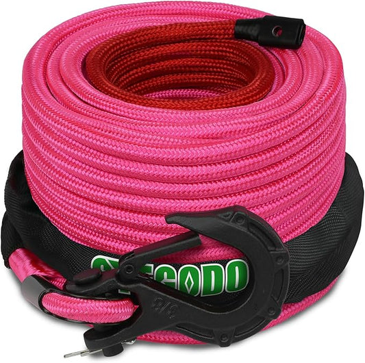 Synthetic Winch Rope, 3/8'' x 85ft 25,000LBS Double Braided Synthetic Winch Line 3/8 Winch Cable Replacement Synthetic Rope with Forged Winch Hook for 4WD Off Road Vehicle SUV Truck(Pink)