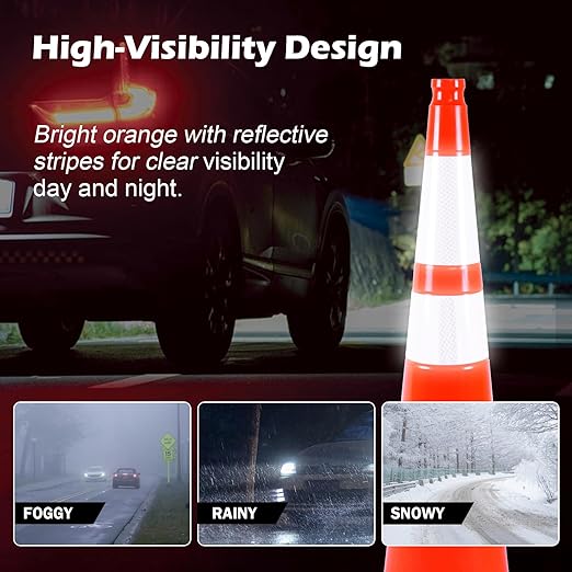 6 Pack 36" Orange Traffic Safety Cones with Reflective Collars- Durable PVC Cones with Weighted Black Base for Driveways, Work Zones & Event Control