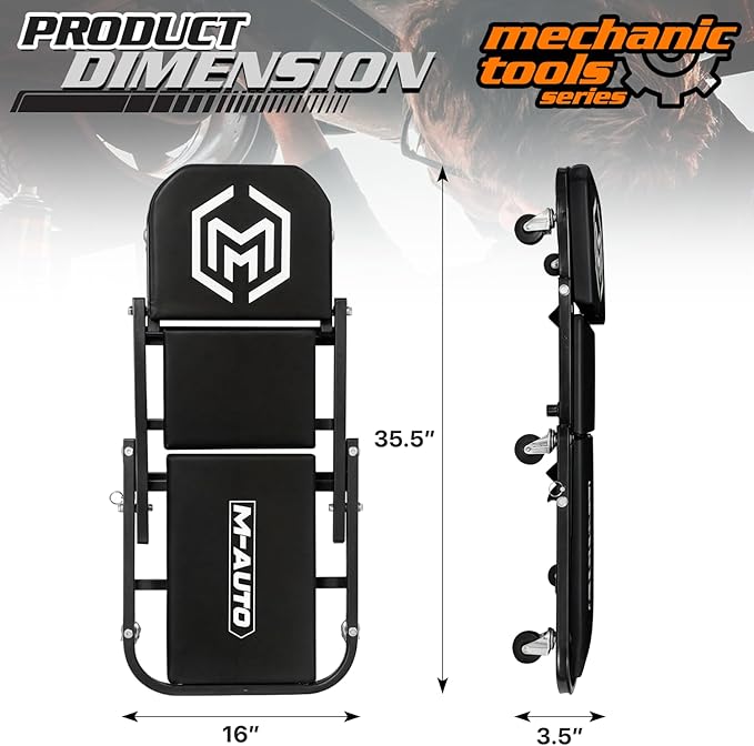 M-AUTO Foldable Z Creeper 2-in-1 Rolling Folding Car Creeper & Seat, 36" Adjustable Roller Garage Chair Lay Down or Sit, 330LBS Capacity Under Car Roller Creeper with 6 Swivel Casters, Black