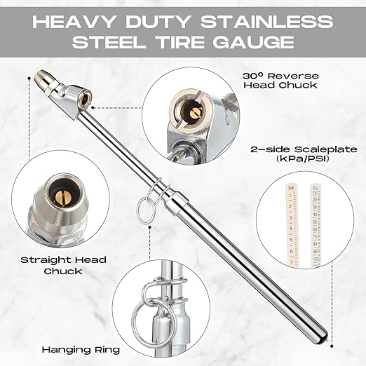 Tallew 10 Pack Tire Pressure Gauge Silver Heavy Duty Air Pressure Tire Gauge Dual Head Semi Truck Tire Pressure Gauge Range 10-150 Psi, Extended Tube Tire Gauge Suitable for Semi Truck, and Bus