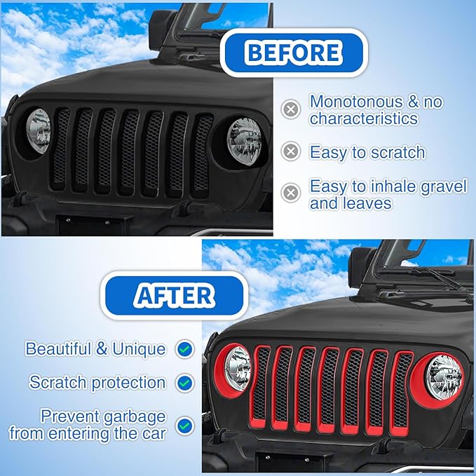 Nilight Grill Inserts fit for Jeep Wrangler Front Grille Inserts Headlight Cover Set for JL JLU Unlimited Sport SportS 2018 2019 2020 2021 2022 2023 Grille Bezels Trim Exterior Accessories Red 9 Pcs