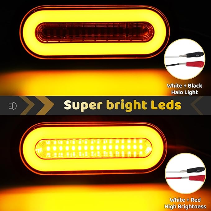 2Pcs 6" inch Clear Lens Oval Amber 52 LEDs Trailer Boat Halo Parking Turn Signal Tail Lights【Patented】 w/Rubber Grommet, Sealed Submersible IP67 for Truck/RV/Van, DC 12V