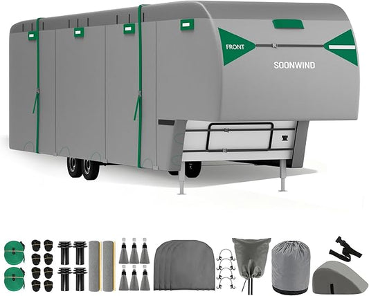 Heavy Duty 7 Layers 5th Wheel RV Cover, Camper Cover & Travel Trailer Cover 31-34ft, Waterproof Windproof All-Weather Protection with Gutter & Tongue Jack Covers Reinforced Straps - Green