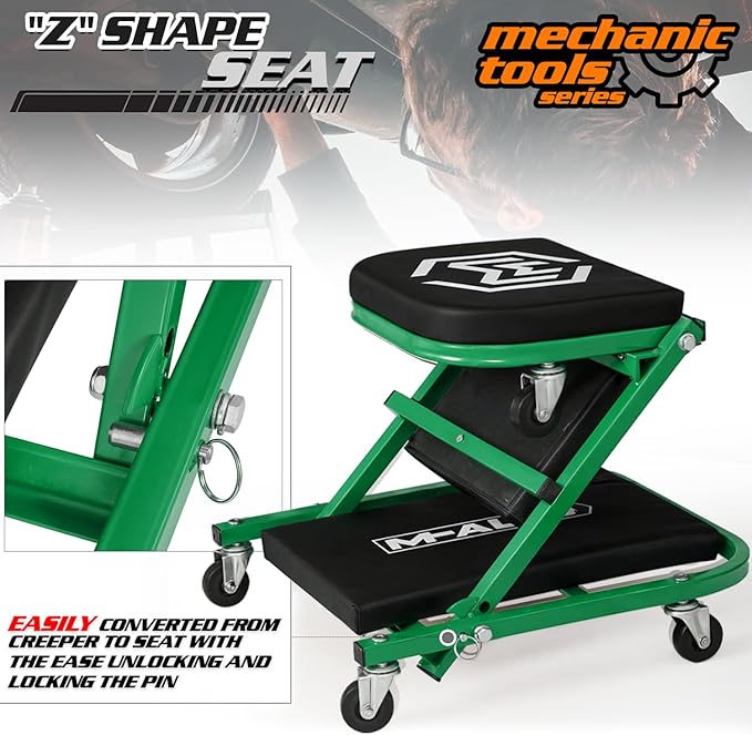 M-AUTO Foldable Z Creeper 2-in-1 Rolling Folding Car Creeper & Seat, 36" Adjustable Roller Garage Chair Lay Down or Sit, 330LBS Capacity Under Car Roller Creeper with 6 Swivel Casters, Green