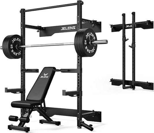 Folding Squat Rack, Wall Mounted Power Rack for Home Gym, Space Saving Multi-Functional Power Cage with Attachments