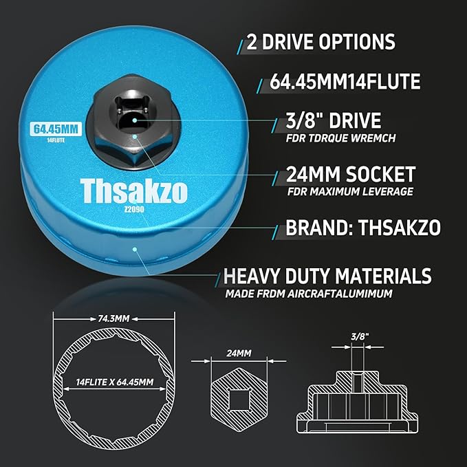 Oil Filter Wrench 64mm 14 Flute Precision CNC Machined Aluminum Oil Filter Removal Tool for Lexus Toyota Camry Tundra Tacoma 4Runner RAV4 and More