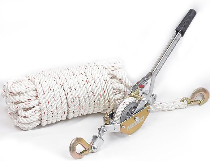 NEIKO 02250A Rope Puller, 3/4-Ton (1,500 lbs) Pulling Capacity, 98Ft, 2 Hook, Heavy Duty Power Cable Come Along Tool with Dual Gears, Hand Winch Cable, Automotive Hoist Winch Puller, Recovery Gear