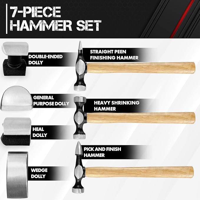 C&T Auto Body Repair Tool Kit,7 Piece,Car Body Repair Tool Kit, Carbon Steel Dolly and Hammer Dent Body Fender Tool Set