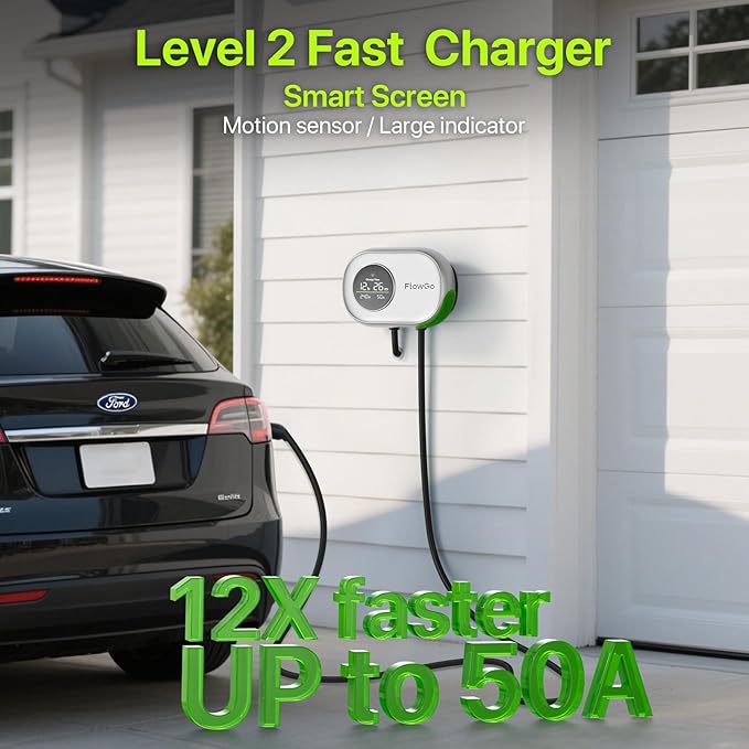 EV Charger Level 2 Hardwire 50A Smart Electric Car Home Charger Motion-Activated Display 240V with NEMA 14-50 Plug J1772 Connector 25FT Cable APP and WiFi Vehicle Charging Stations ETL Listed