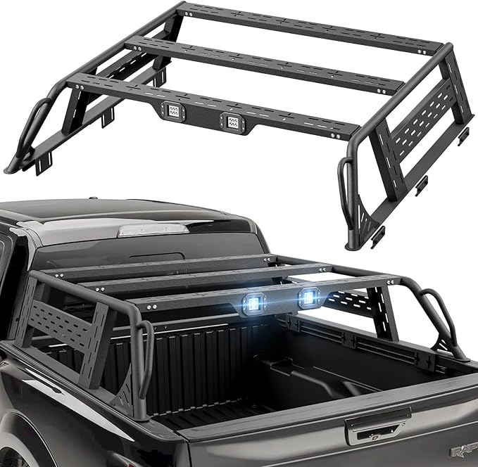 for F150 13.8" High Full-Size Overland Bed Racks Truck Cargo Carrier with 2 LED Lights Compatible with 1992-2025 Ford F150 with Bed Rails, 750 LBS Truck Rear Ladder Rack Back Cross Bars