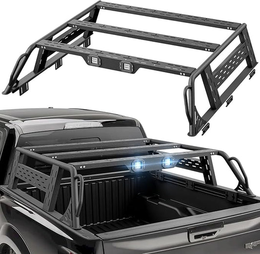 for F150 13.8" High Full-Size Overland Bed Racks Truck Cargo Carrier with 2 LED Lights Compatible with 1992-2025 Ford F150 with Bed Rails, 750 LBS Truck Rear Ladder Rack Back Cross Bars