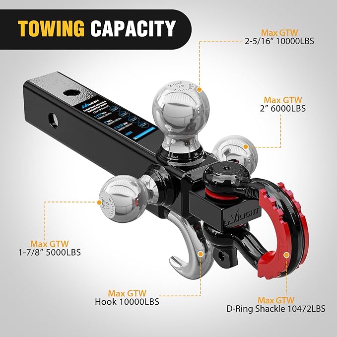 Nilight Trailer Hitch Tri-Ball Mount with Hook and Rotatable Tow Anti-Theft 3/4” Shackle Fits for 2inch Receiver Ball Size 1-7/8” 2” 2-5/16” GTW from 5000lbs to 10000lbs for RV SUV ATV Truck