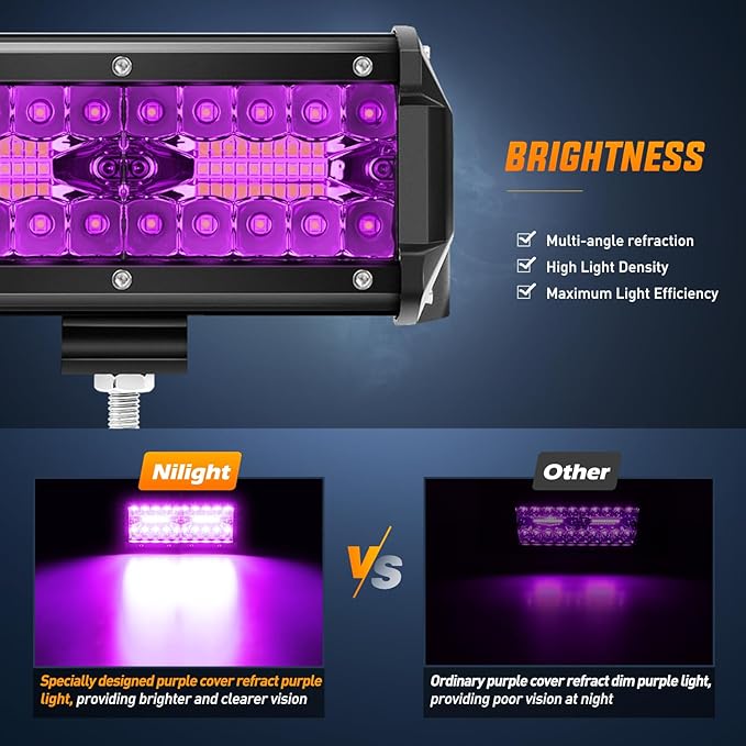 Nilight 6.5 Inch LED Light Pods Purple Triple Row 2PCS 120W Flood Spot Combo Off Road Driving Decoration Neon Hunting Lighting for UTV Pick-up Van Boat Tractor