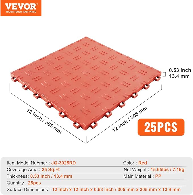 VEVOR Interlocking Floor Covering Tiles, 12 x 12 x 0.53 inch, 25 Pack, Non-Slip Double-Sided Texture, for Garages, Basements, Repair Shops, Red
