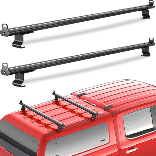 57" Universal Roof Ladder Rack for Van & Pickup Truck Cap & Topper, Roof Rack, 2 Bars, Heavy Duty Aluminum Ladder Roof Van Rack Truck Rack (Drilling Required) Adjustable Ladder Rack (Black)