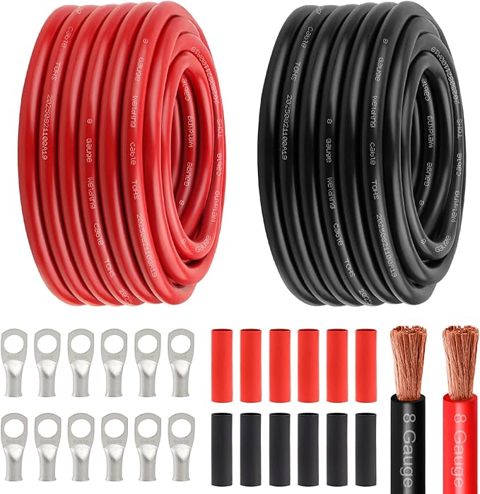 8 Awg Battery Power Cable -30FT Red + 30FT Black 8 Gauge Flexible Welding Cable OFC Copper Wire with Lugs Terminal Connectors and Heat Shrink Tube for Automotive, Battery, Inverter,Boat and Generator