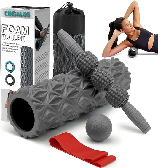 5 in 1 Foam Roller Set - Trigger Point Foam Back Roller, Muscle Roller Stick, Massage Ball, Stretching Band for Deep Muscle Massage Pilates Yoga,Fitness Exercise for Whole Body Release