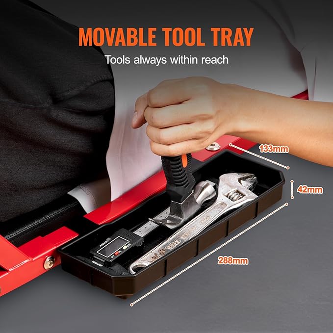 VEVOR Mechanic Garage Creeper, 44-Inch, 300 lbs Capacity Automotive Rolling Creeper with 6 Casters Adjustable Cushioned Headrest Tool Tray, Heavy Duty Steel Frame for Garages, Repair Shops, and DIY