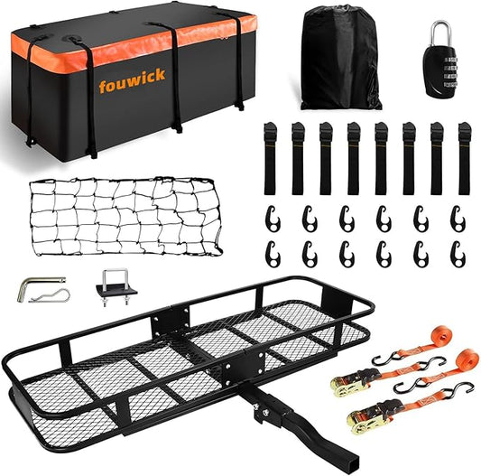 500LBS Folding Hitch Mount Cargo Carrier Basket 60x20x6” with 58x24x19 Waterproof Bag Rear Luggage Rack Basket, Hitch Mount for 2" Receivers, Powder Coating, Heavy Duty, Durable, Easy Assembly