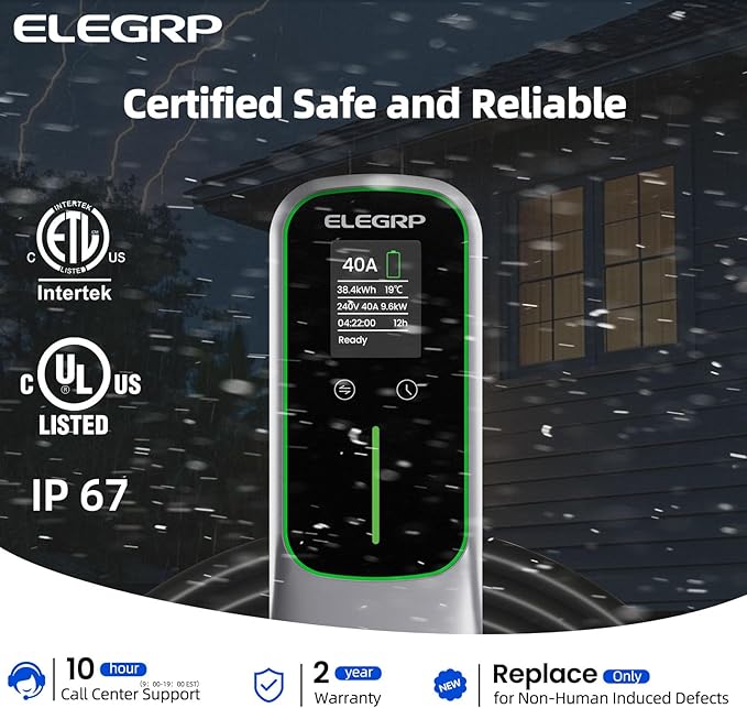 ELEGRP Tesla Level 2 EV Charger, 40A ETL Certified 9.6kW NACS Home & Wall Electric Car Charger with NEMA 14-50 Plug, PBE & LCR Tech, 25FT Cable for Tesla Model Y/3/X/S
