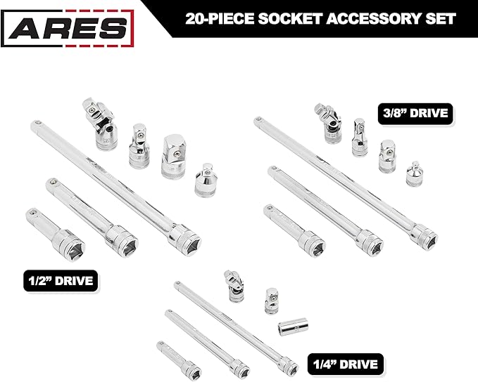 ARES 40003-20-Piece Socket Accessory Set - Premium Chrome Vanadium Steel with Mirror Finish - Includes Socket Adapters, Extensions and Universal Joints