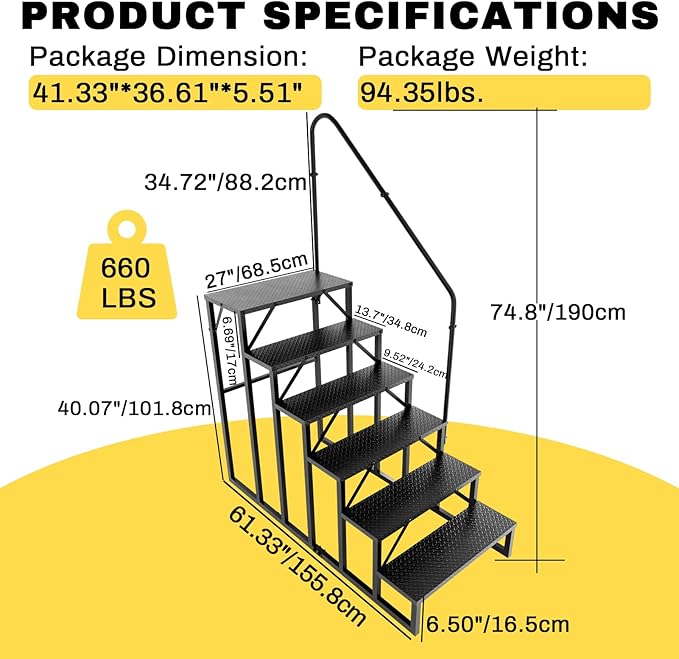 RV Steps with Handrail, Hot Tub Steps Outdoor, 6 Step Ladder Stool, RV Stairs with Anti-Slip Panel, Camper Steps for Spa, Travel Trailers, Pool and Porch