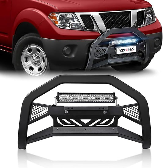 Bull Bar with LED Light Bar & License Plate Frame Compatible for 2005-2021 Nissan Frontier & 2005-2007 Pathfinder & 2005-2015 Xterra Front Grill Guard Grille, Truck Brush Guard, Bumper Push Bar