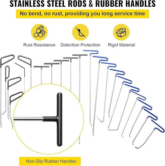 VEVOR Rods Dent Removal Kit, 21 Pcs Paintless Dent Repair Rods, Stainless Steel Dent Rods, Whale Tail Dent Repair Tools, Professional Hail Dent Removal Tool For Minor Dents, Door Dings And Hail Damage