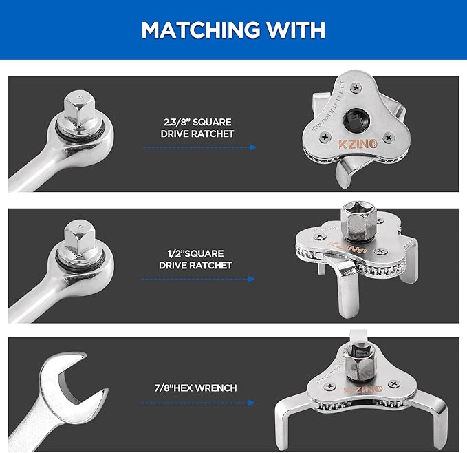 KZINO Oil Filter Removal Tool, Universal Oil Filter Wrench, Oil Filter Removal Tool Adjustable 2-1/2 to 4 inch & 3 to 5-1/2 inch, 1/2" Drive, Oil Filter Change Set (Flat)