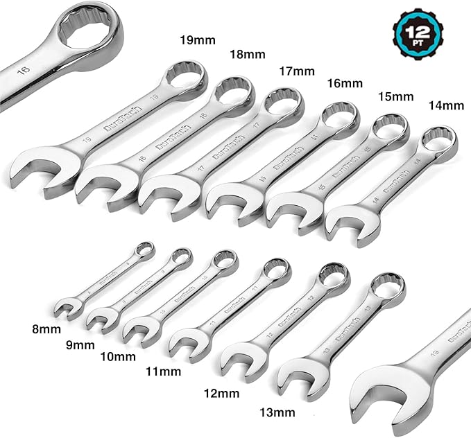 DURATECH Stubby Combination Wrench Set, Metric, 12-Piece, 8-19mm, 12 Point, CR-V Steel, with Rolling Pouch
