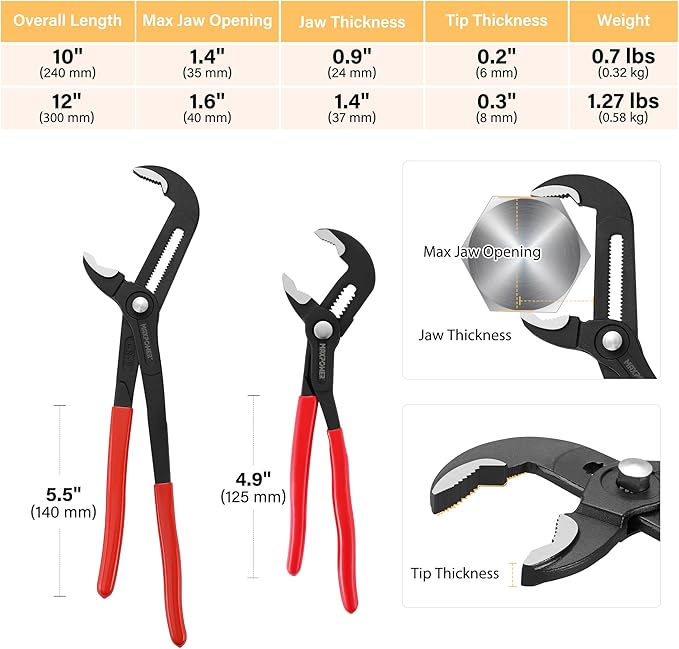 MAXPOWER 2 Pieces Tongue and Groove Pliers, 10 inch 12 inch Water Pump Pliers with 1.4" and 1.6" Jaw Capacity, Push Button Quick Adjust V Jaw Plier