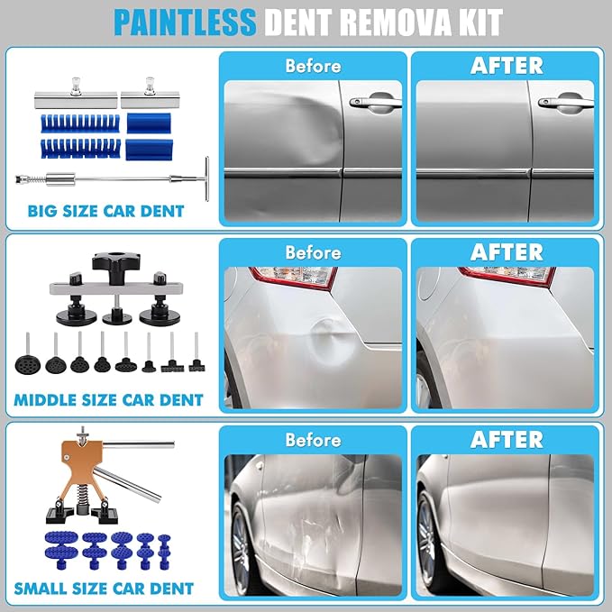 142PCS Car Dent Puller Kit,Car Paintless Dent Remover Tool Kit with LED Light Board,T-bar Slide Hammer & Bridge Puller & Suction Cup,Dent Repair Kit for Remover Auto Body Hail Damage Large Small Dent